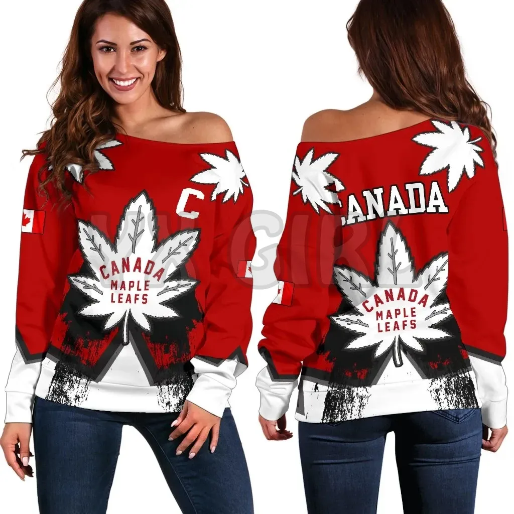 YX GIRL Canada Women's Off Shoulder Sweater Canadian Maple Leafs  3D Printed Novelty Women Casual Long Sleeve Sweater Pullover