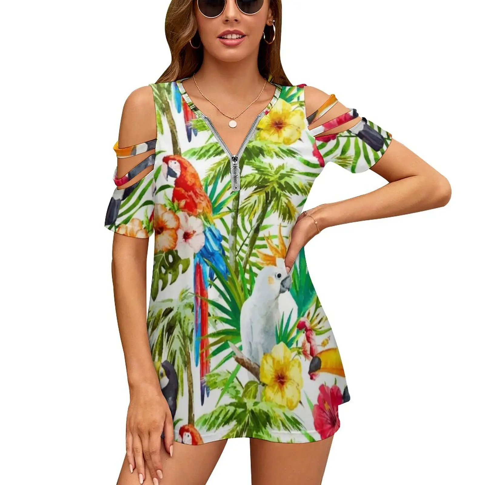 

Tropical Parrot , Cockatoo And Toucan Rainforest Women Zipper Sexy Printed Vintage T Shirts Tops Full Print T-Shirt Makanahele