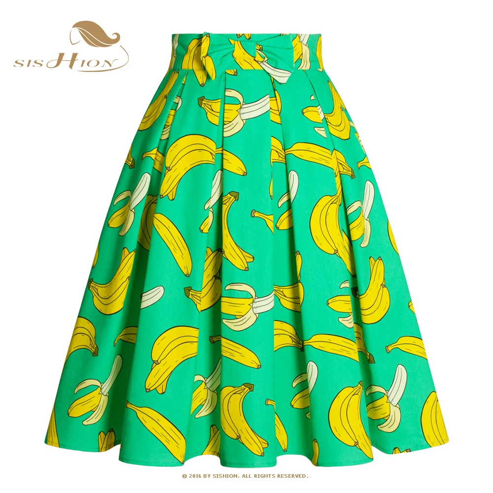 

SISHION 2023 Summer High Waist Cotton Women Skirt SS0012 50s 60s Swing Banana Printed Green Vintage Skirts With Bow Pockets
