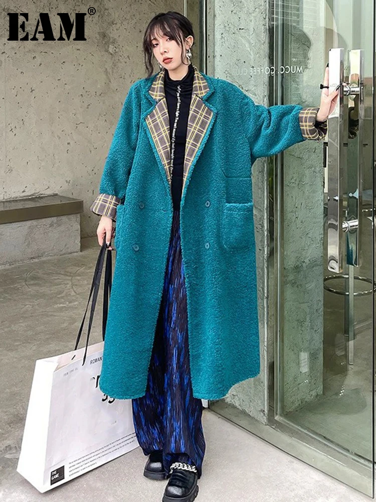

[EAM] Both Side Wear Plaid Big Size Long Lambswool Jacket New Lapel Long Sleeve Women Coat Fashion Autumn Winter 2022 1DF2400