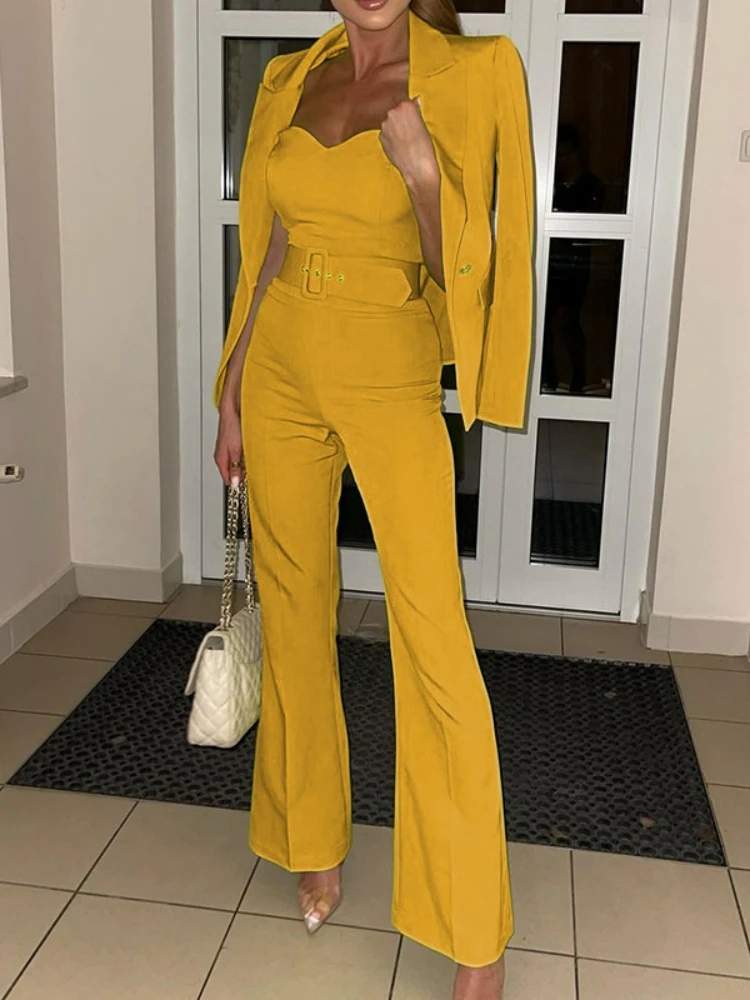 

2022 autumn new fashion long-sleeved small suit pants jumpsuit set two-piece set