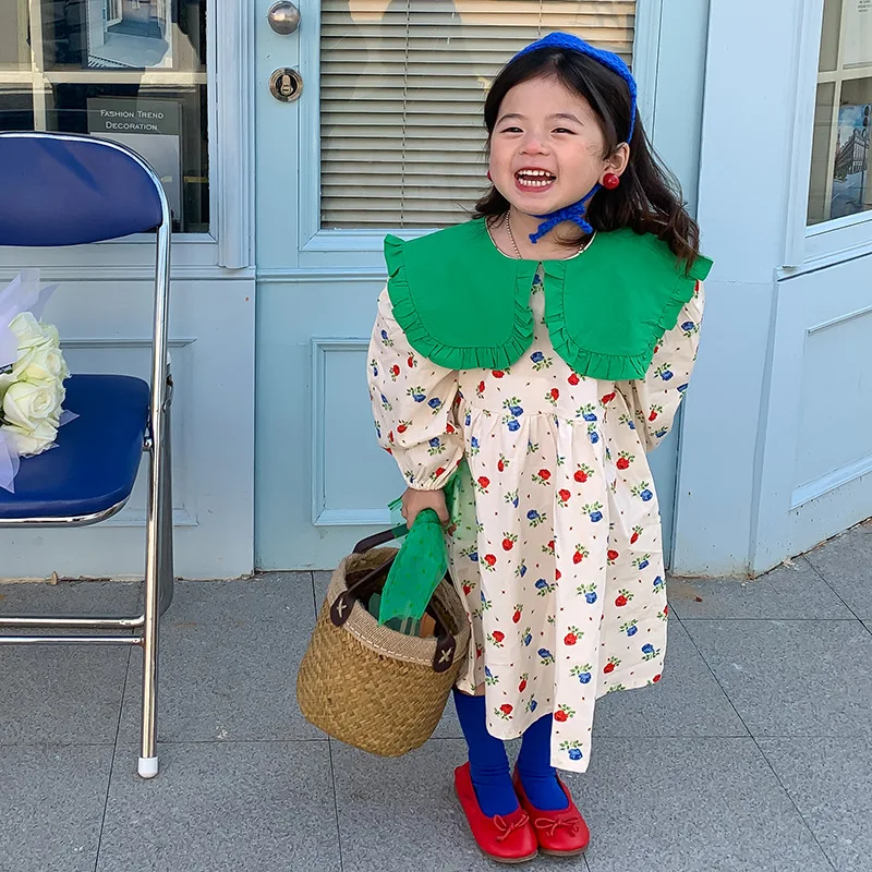 

2022 New Fashion Girls Long Sleeve Dress Cute Flower Print Children Dress Peter Pan Collar Princess Dress Cotton Kids Dresses
