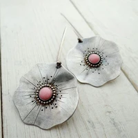 ethnic lotus leaf flower drop earrings for women vintage silver color inlaid pink beads stone dangle earrings jewelry gifts