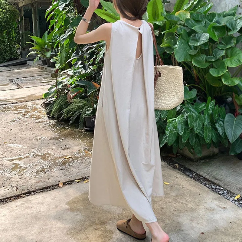 

Sleeveless Cotton Linen Holiday Dress Women Loose Back Hollow O-Neck Long Dresses Lady 2023 Summer Elegant Luxury Party Vestidos