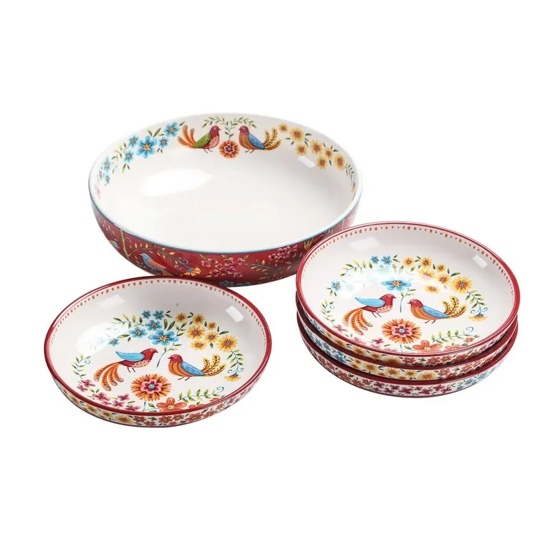 

Bico Red Spring Bird Ceramic Pasta Bowl, Set of 5(1 unit 214oz, 4 units 35oz), for Pasta, Salad, & Dishwasher Safe