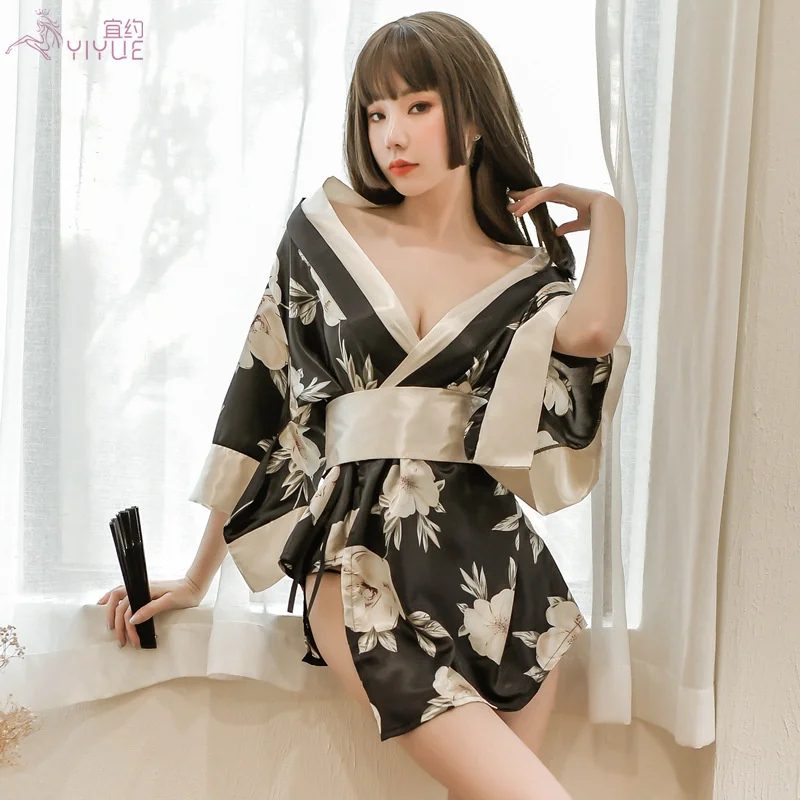

Yiyue sexy underwear Large Print Japanese kimono sexy lace up bathrobe temptation Pajama uniform set 8093