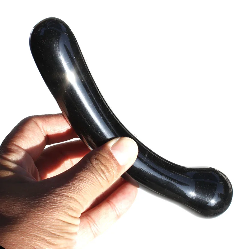 

1 Pcs Hand Carved Natural Black Obsidian Circle Head Crystal Curved Massage Wand