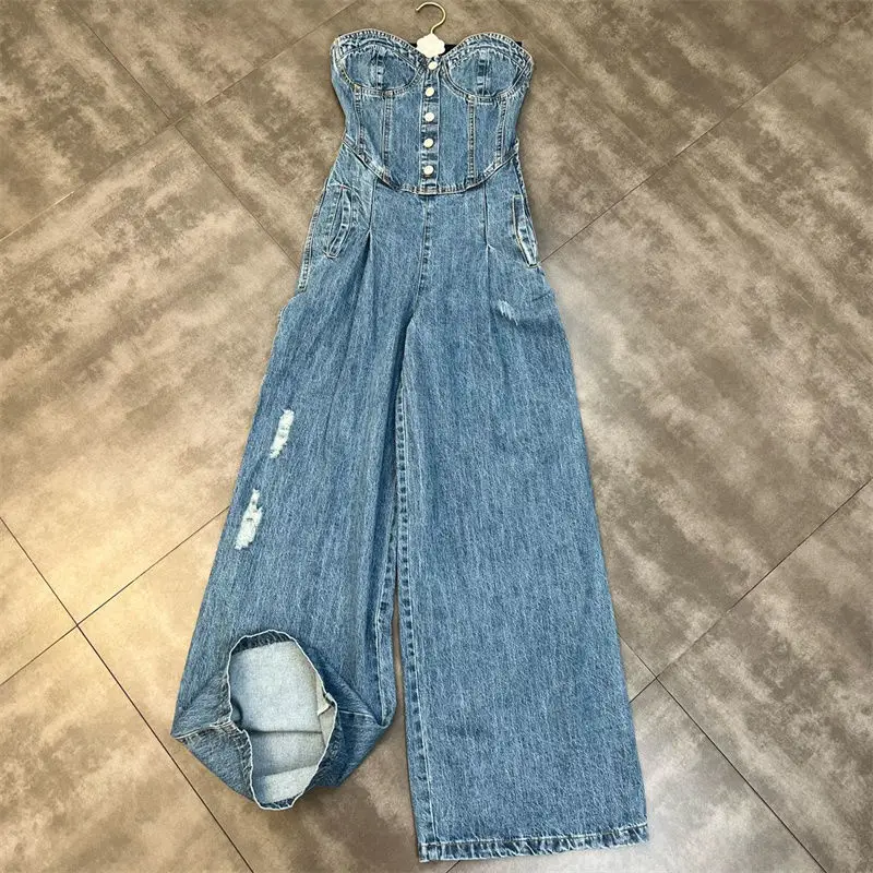 

Spring Autumn Women's Denim Jumpsuit Waist Temperament Side Zip Pocket Tube Top Wide Leg Pants