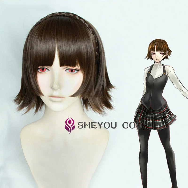 

Persona 5 P5 Makoto Niijima Wigs Mixed Brown Hair Cosplay Wigs With Braid Heat Resistant Synthetic Hair Wigs + Wig Cap