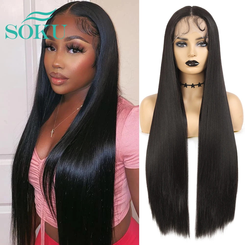

Long Straight Synthetic Lace Front Wigs For Black Women SOKU Natural Daily Middle Part Heat Resistant Fiber Hair Lace Wig Daily
