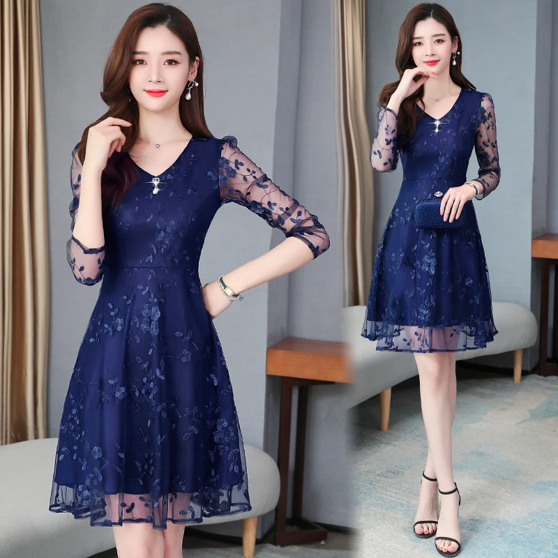 

Lady Plus Size Sexy V Neck Beautiful Party Wear Dresses For Womens Elegant Evening Lace Applique Embroidery Knee Length Robe