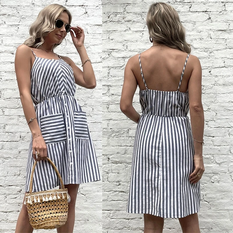

Fashion Midi Sundress Button Down Striped Casual Slim Fit Sling Dress Backless Knee Length for Wife Mother Girlfriend