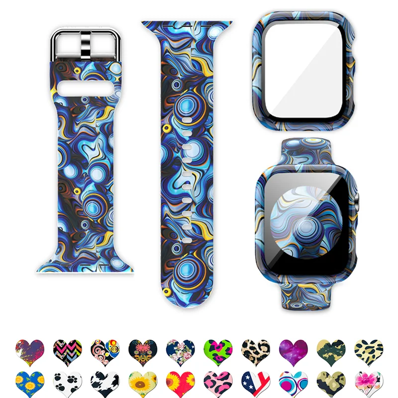 

Silicone band For Apple Watch Box+Glass+Case+Strap 44mm 40mm 38mm 42mm Printed watchband correa bracelet iWatch serie 3 4 5 6 se