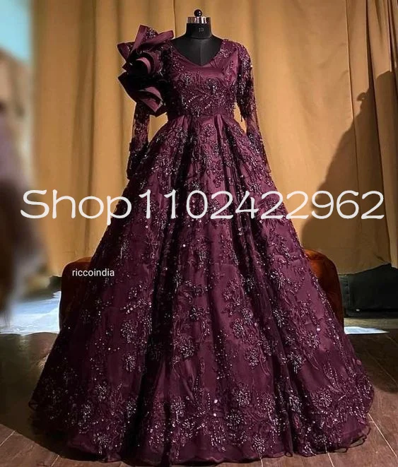 

Grape Purple Rajshri Indian Caftan Prom Dresses with Long Sleeve Gillter Sequins Applique Ruffles Muslim Evening Gown