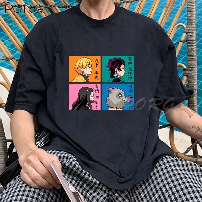 

NEW IN Slayer Kimetsu No Yaiba Anime Men's T-shirts Kawaii Men's Clothes Tanjiro Men's Cotton T-shirt Nezuko Kamado