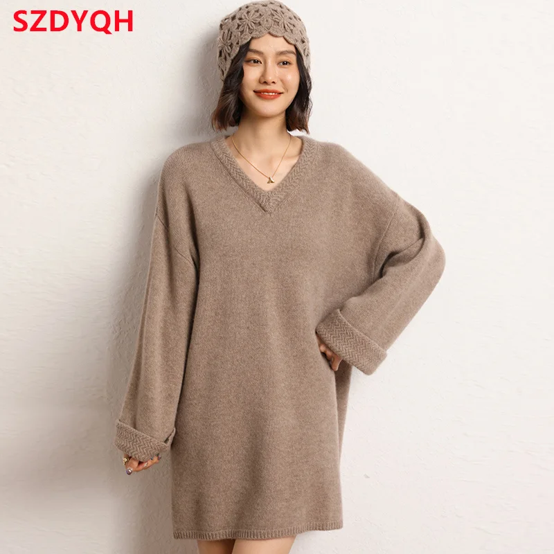 High-end New 100% Cashmere Sweater Long Dress Women Thicken Fashion Knitted Dresses Female Loose Large Size V-Neck Pullover
