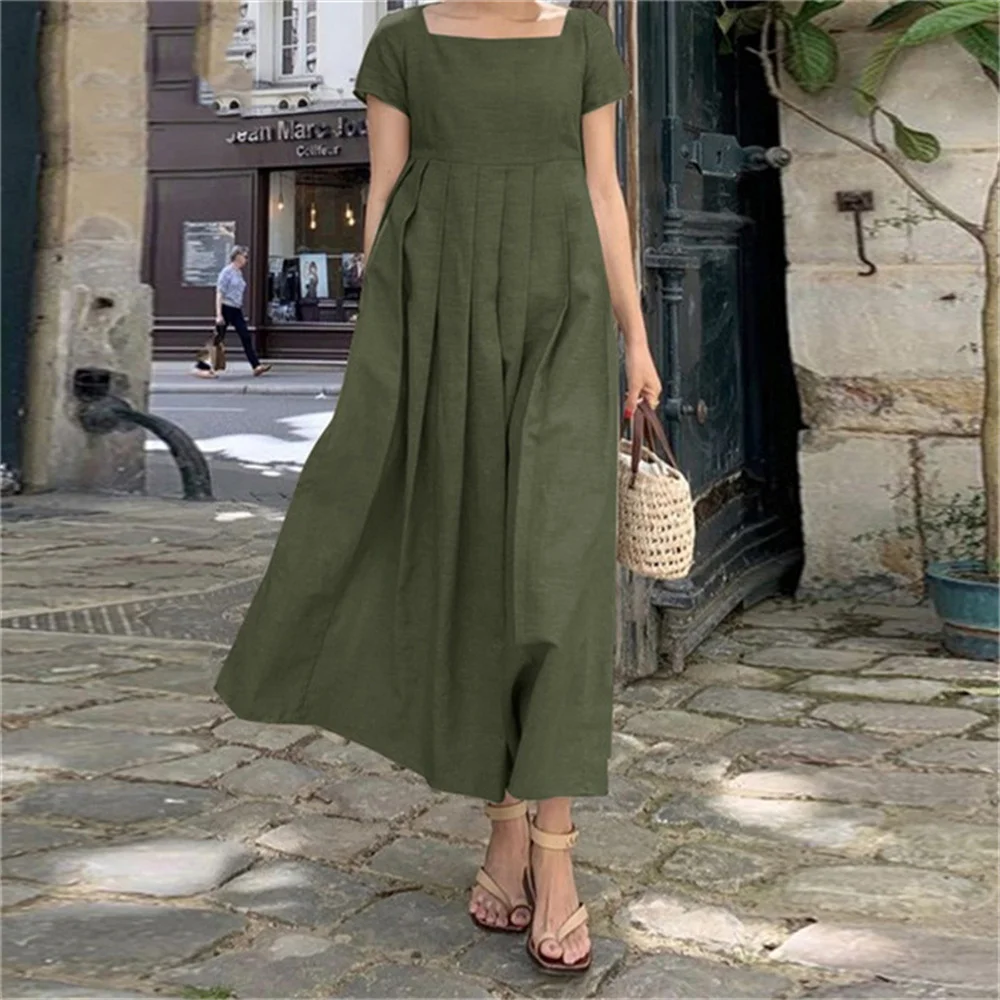 2022 Women Dress Casual Loose Short Sleeve Cotton Linen Folds Boho Long Dress Summer Beach Solid Color Party Maxi Dresses Female