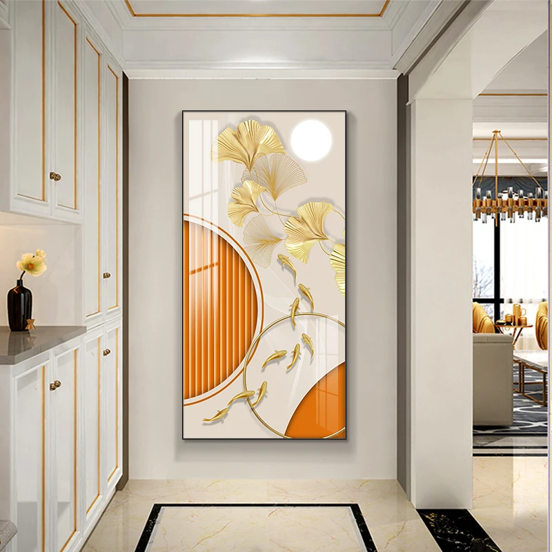 

Nordic Abstract Leaf Golden Fish plant corridor Posters Prints Orange Canvas Painting Luxury Wall Art for Living Room Home Decor