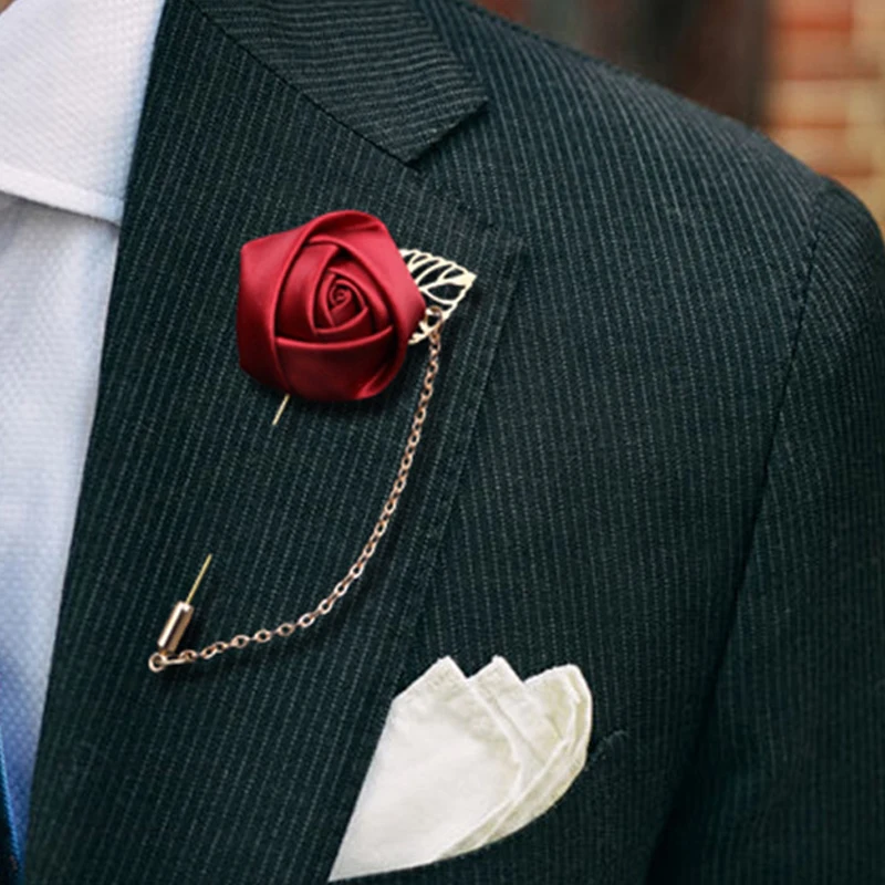 

Art Hand-made Rose Flower Lapel Pin Bridegroom Tassel Chain Brooches Clothes Badge Men's Suit Accessories