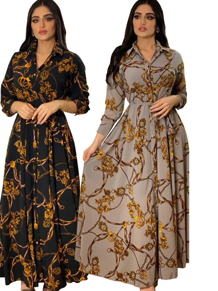 

Новинка, Осеннее мусульманское женское платье-рубашка, кафтан с длинным рукавом, турецкий Дубай, принт, абайя, мусульманская одежда, платье, индийские платья