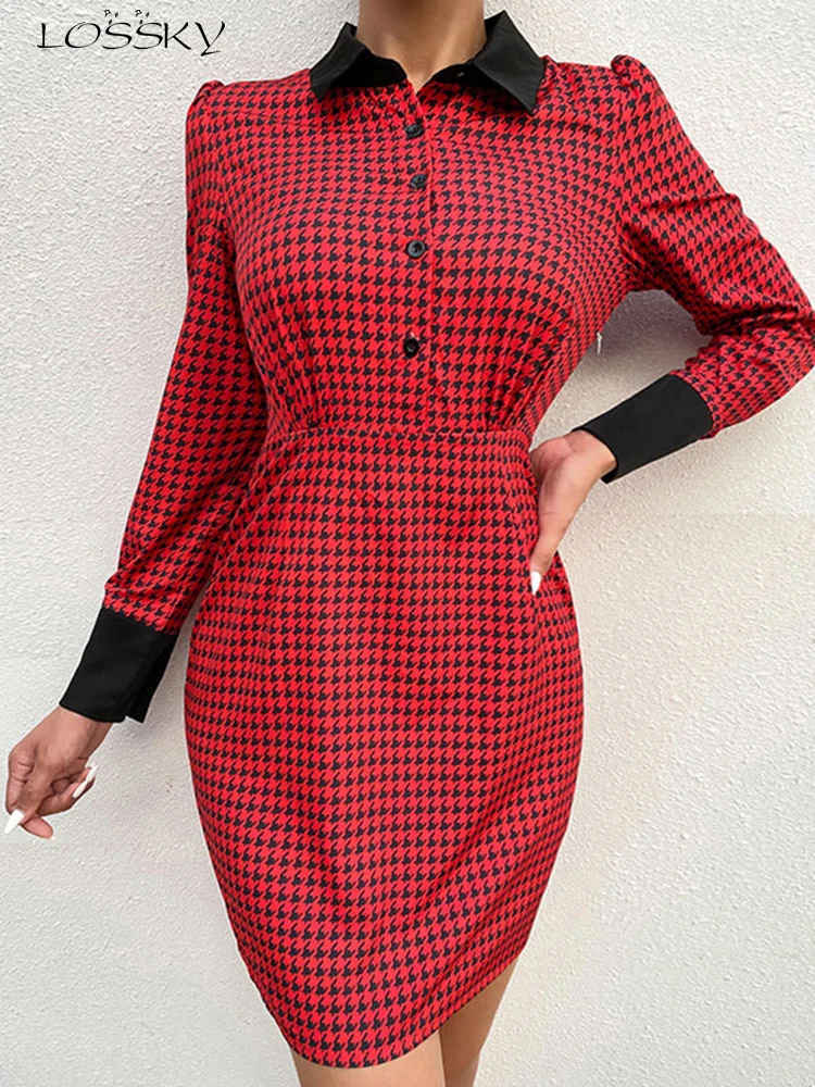 

Elegant Houndstooth Print Short Dress Woman Fashion Slim Red Puff Sleeve Dress Autumn Winter Casual Dresses For Women 2022
