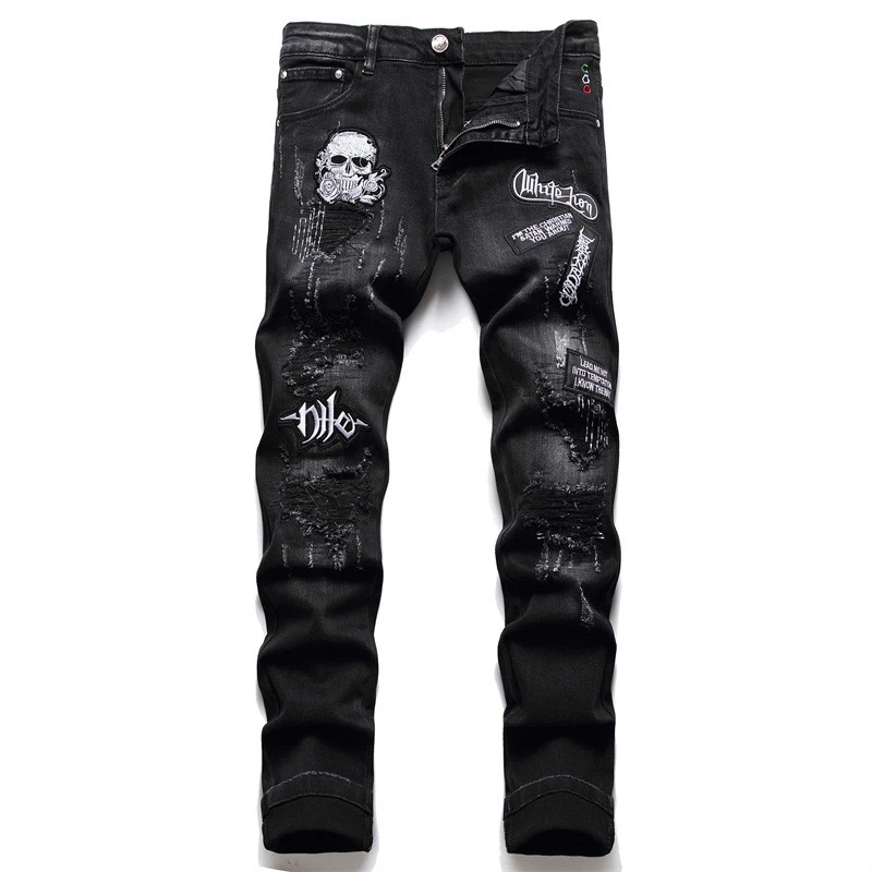 Skull Embroidery Black Jeans Men's Holes Scraped 3D Micro Chapter Stitching Worn Soft Casual Cotton Trend High Elastic 2