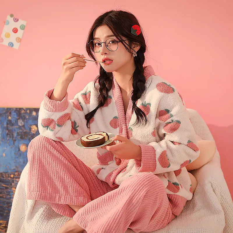 Pajama Sets Women Sweet Girls Peach Printed Cute V-neck Single Breasted Thicken Coral Fleece Pajamas Youth Sleepwear Loose Cozy