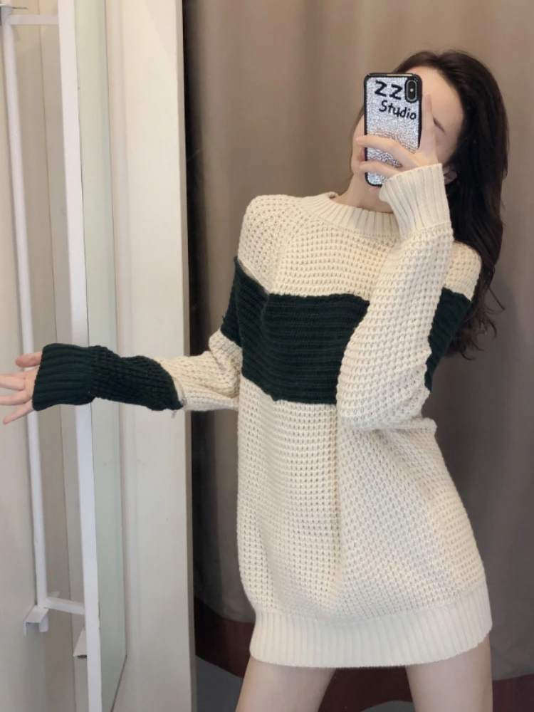 

2022 New Hollow Slim Long-sleeved Knitted Dress Women's Autumn and Winter Korean Style Bottoming French Round Neck Sweater Dress