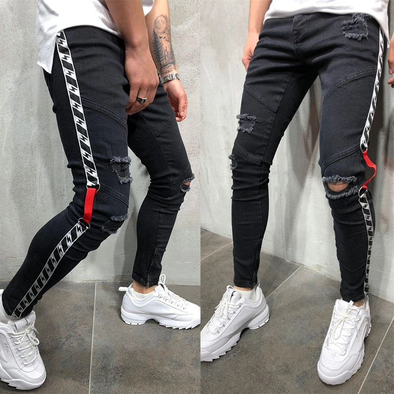 

Mens Classic Streetwear Casual Male Black Ripped Moto Jeans Large Fashion Emo Trousers Denim Aesthetic Y2k Pants Vintage Clothes