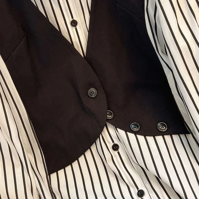 Осенняя женская модная полосатая рубашка свободная искусственная двойка