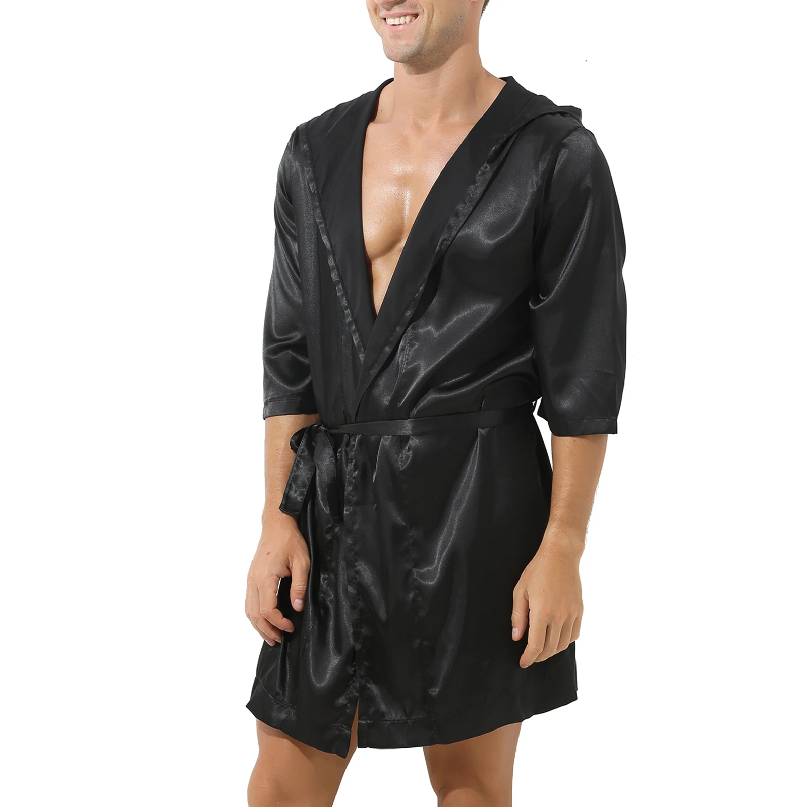CLEVER-MENMODE Men Sexy Pajamas Sleepwear Bathrobe Satin Thin Pijama Hombre Kimono Hooded Dress Bath Long Robe Nightwear