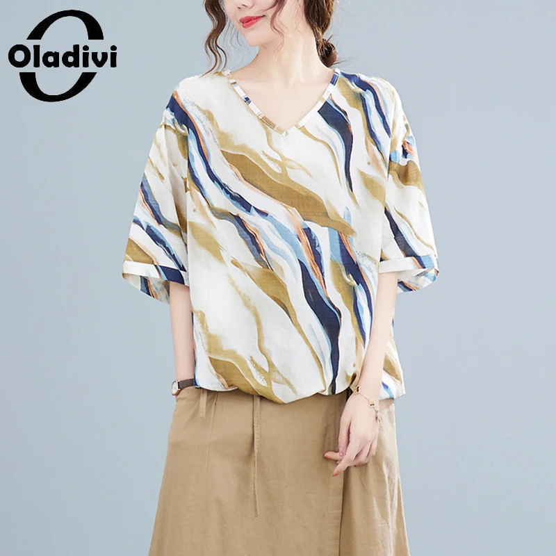 

Блузка Oladivi женская из хлопка и льна с коротким рукавом, модная повседневная рубашка свободного покроя, большие размеры 5XL, лето 2022