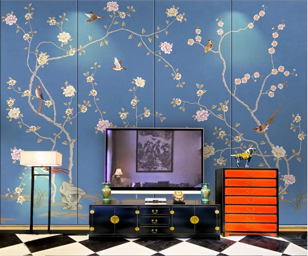 

Custom wallpaper 3d murals new Chinese hand-painted pen flower bird peony plum mural sofa TV background wall paper papier peint