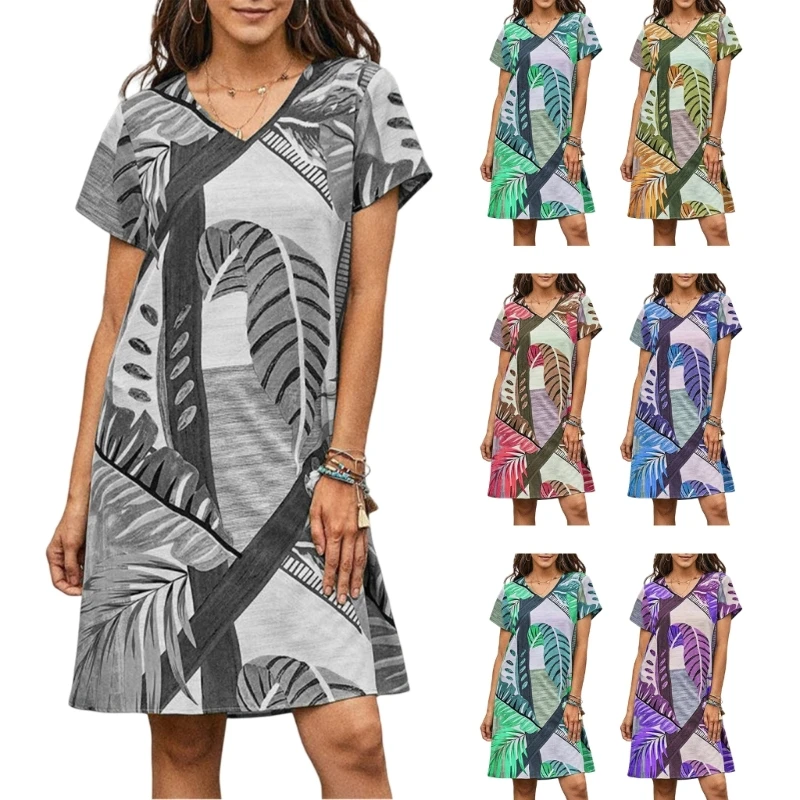 

New style Women Summer Dress Beach Casual Tshirt Floral Short Sleeve Loose Flowy Sundress