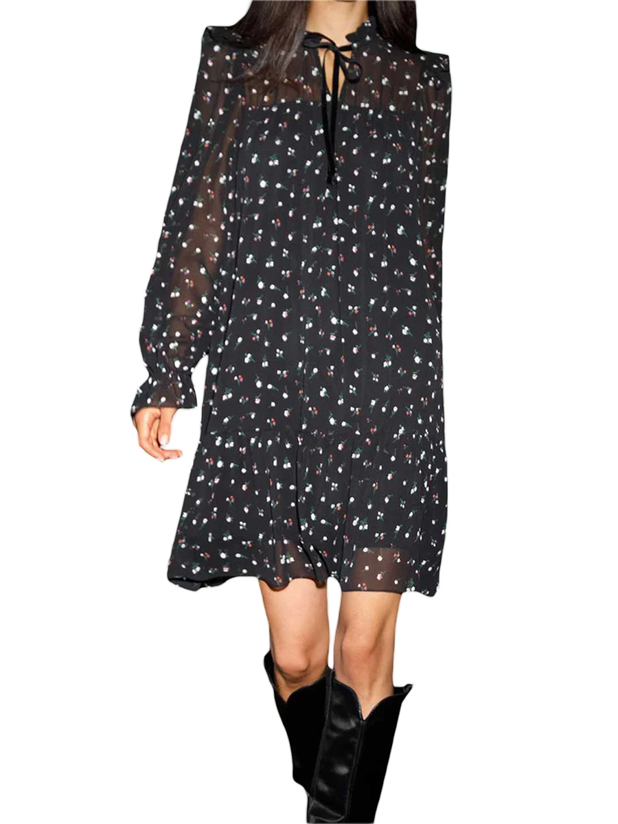 Floral Midi Dress with Long Puff Sleeves Ruffle Trim and Tie-Up Detail - Perfect for Summer Parties and Events