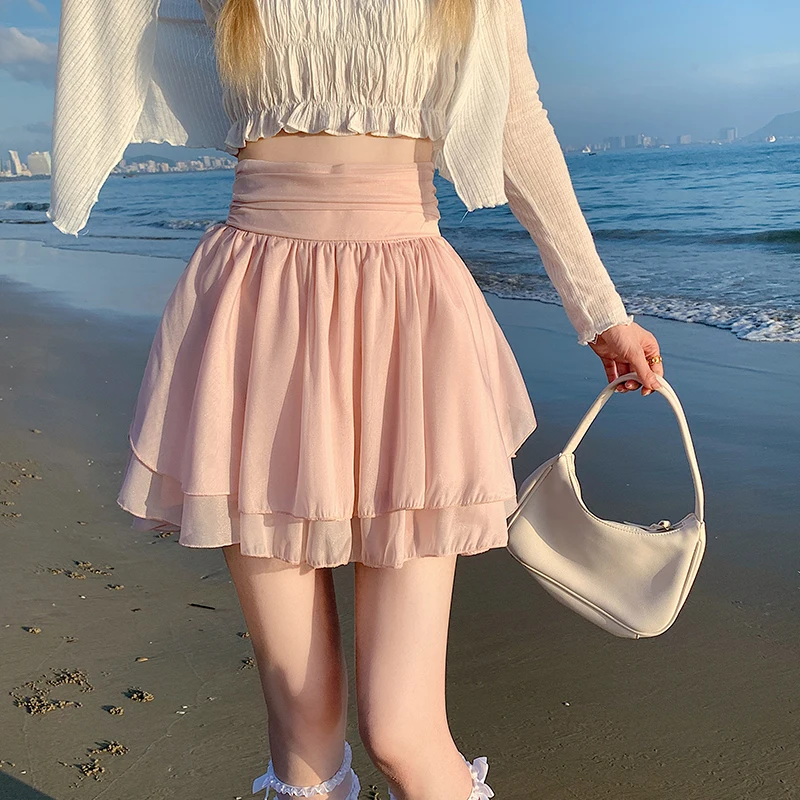 

Розовые милые летние мини-юбки для женщин, Корейская плиссированная юбка с высокой талией, Повседневная плиссированная шифоновая юбка, кра...