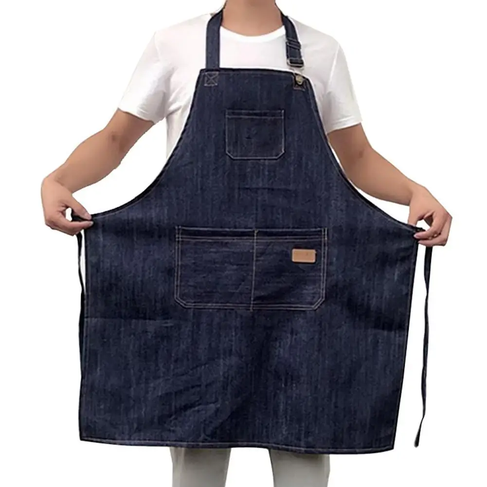 

Korean Adults Apron Adjustable Housekeeping Kitchen Denim Apron with Pocket Cooking Accessories for Women Men Chef Cafe Useful
