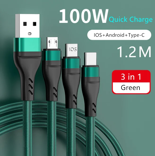 

USB-кабель 3 в 1 для iPhone 13 12 11 Huawei Samsung 3 в 1, 100 Вт