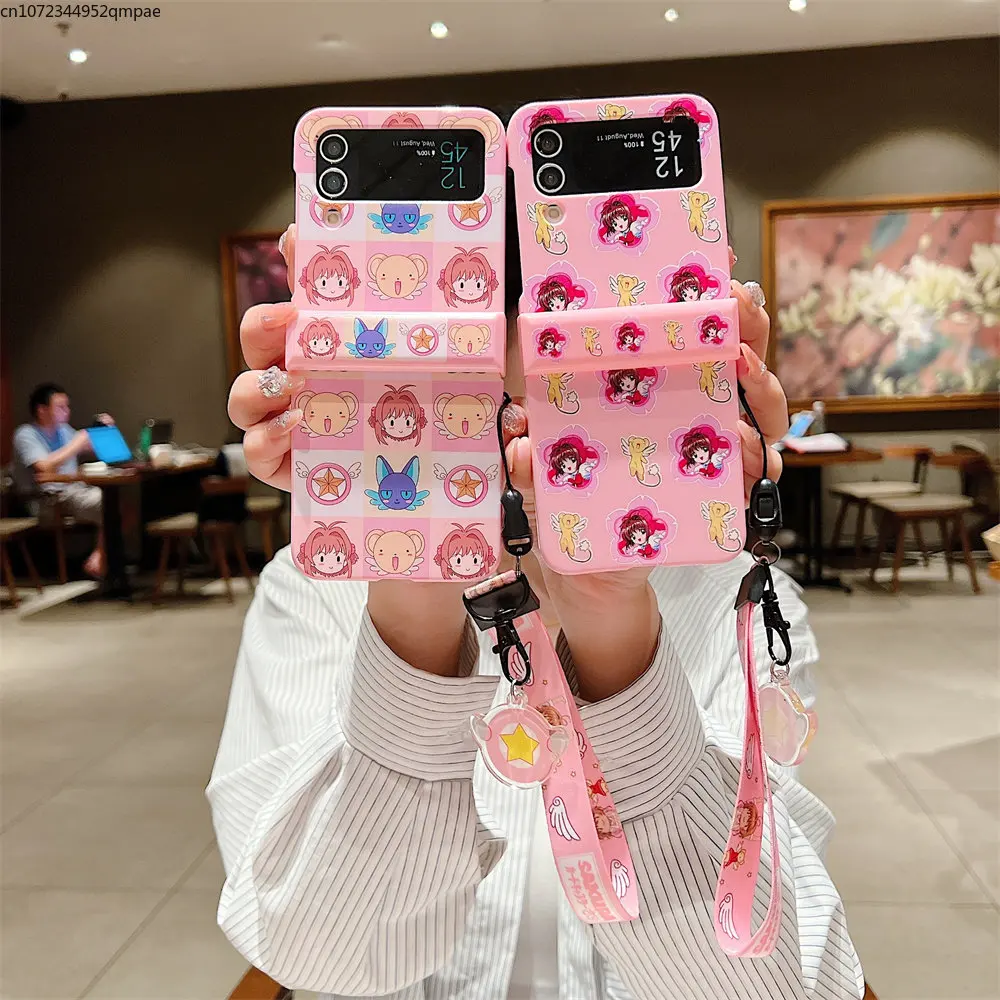 

Anime Card Captors Sakuras With Lanyard Phone Case for Samsung Galaxy Z Flip 3 Z Flip 4 5G PC Hard Anti-drop Back Cover Funda
