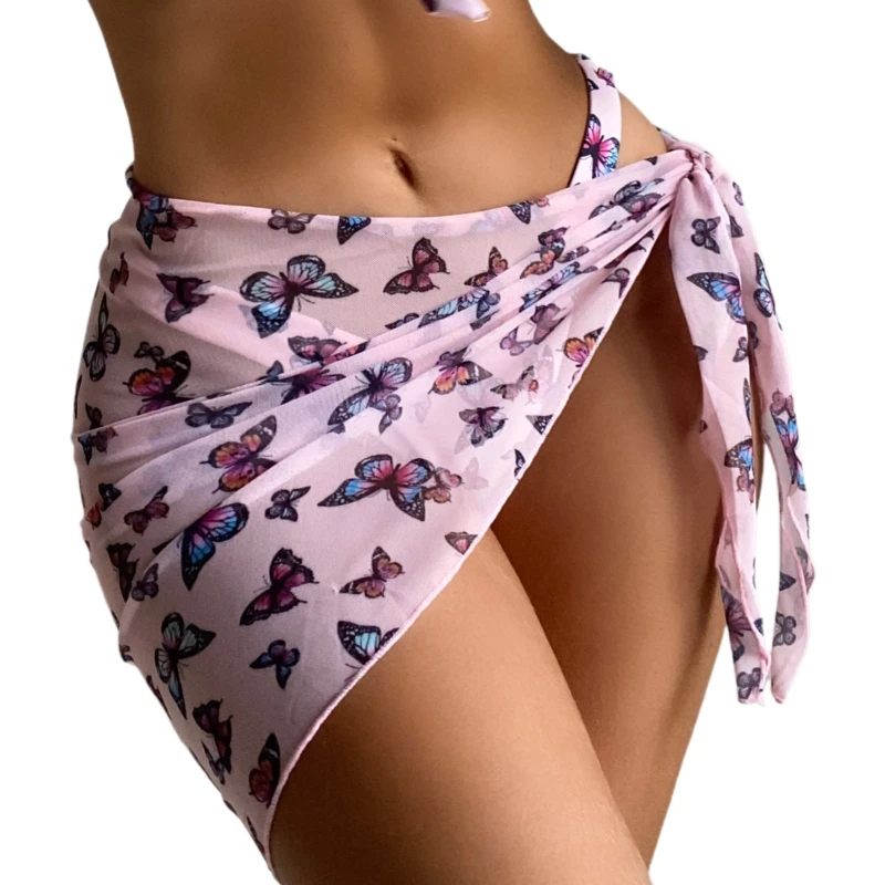 

Women Short Mesh Sarong Bikini Cover Up Butterfly Print Swim Beach Wrap Skirt