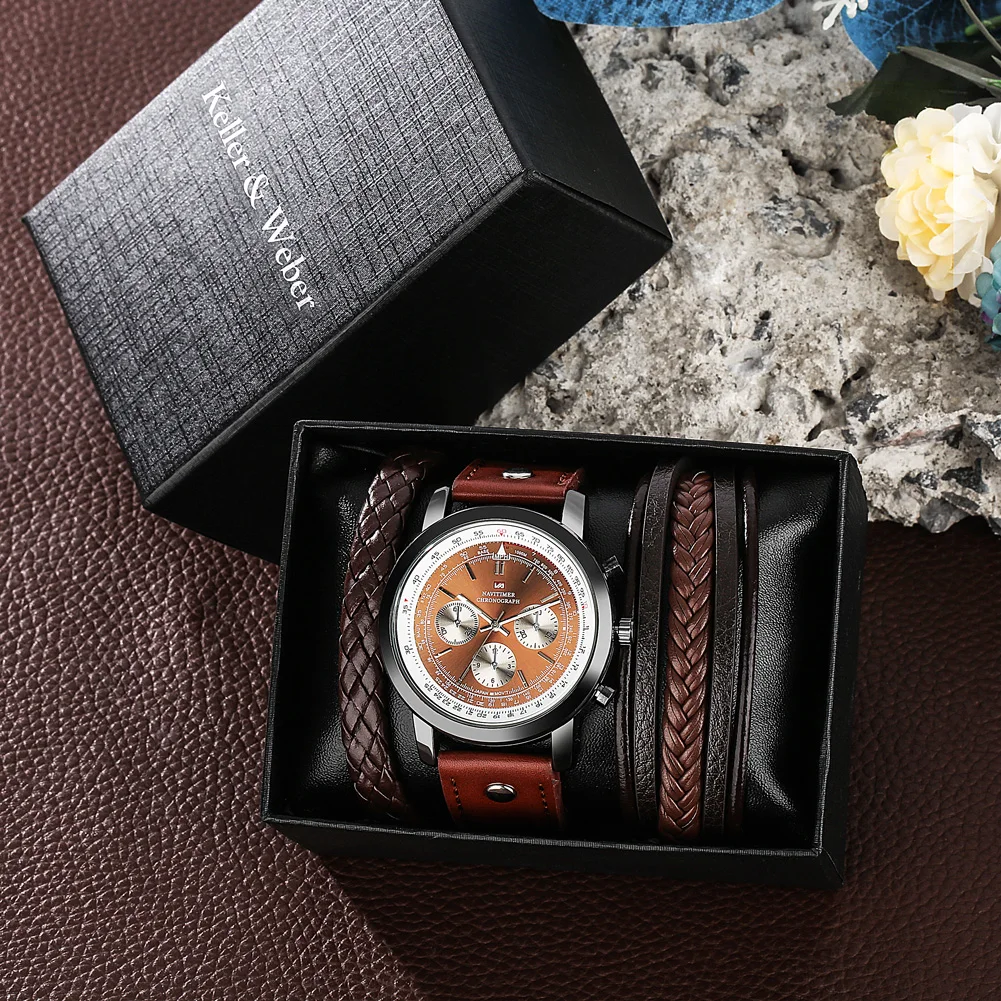 

Retro Brown Men's Watch Gift Set Quartz Leather Wristwatch with 2 Bracelets for Men Dad Steampunk Halloween Christmas Gifts Box