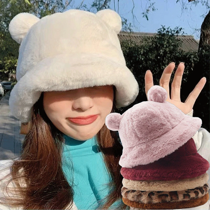 

Fashion Autumn Winter Leopard Fur Bucket Hat Bear Ear Ball Plush Fisherman Hat Soft Warm Thick Basin Hat Protection Bucket Hats