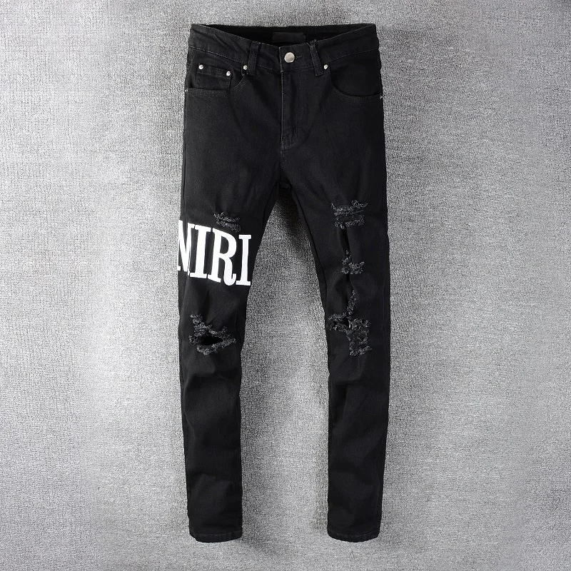 

Ripped men's jeans fashion micro-elastic small straight young fashion trousers four seasons men's plus size tassel
