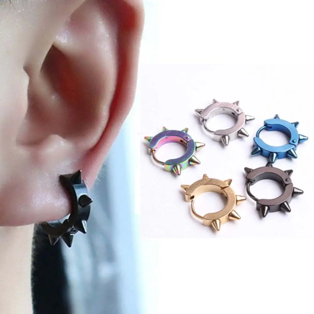 

2Pcs Punk Women Men Huggie Earrings Black Spike Rivet Stainless Steel Small Hoop Earring Jewelry Gifts Accessories