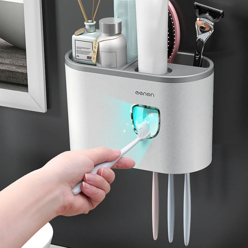 

Automatic Hanging Toothbrush Holder Hole Free Installation 4 Toothbrush Slots Automatic Toothpaste Dispenser Wall Mount