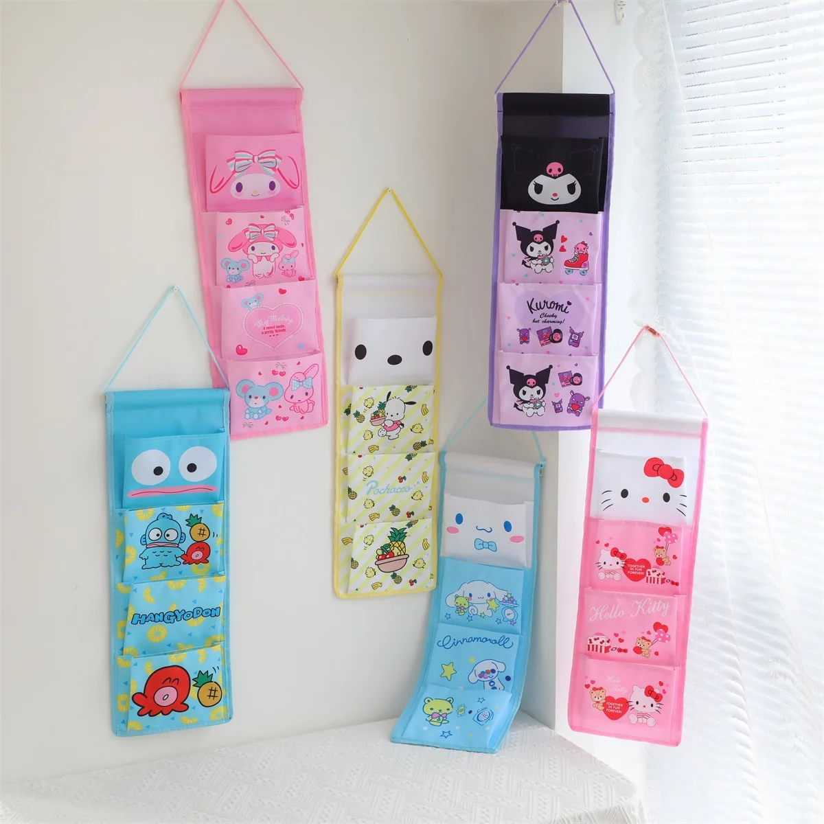 

Sanrio Melody Kuromi Dormitory Wall Hanging Bag Household Sundries Storage Bags Cartoon Kawaii 4 Pockets Storage Hanging Pouch