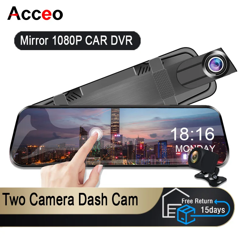 

Acceo 10 Inches Car Dvr Dash Cam Full HD 1080P Dual Lens Touch Screen Auto Rearview Mirror Dash Stream Media 170° Front And Rear