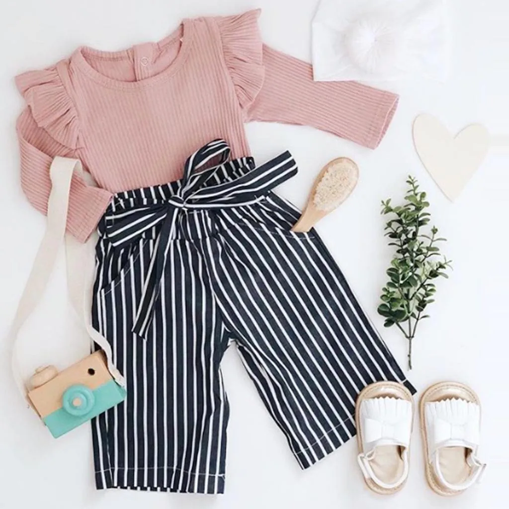 

0-24M Newborn Baby Girls Clothes Set 2022 Spring Fashion Pink Long-sleeved Romper Striped Long Pants 2pcs Infant Baby Outfit