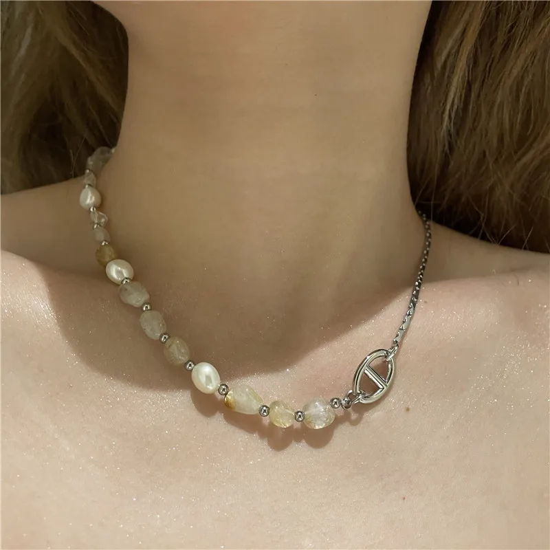 

Retro Freshwater Pearl Tourmaline Stone Mixed Mosaic Snake Bone Chain Necklace Women's Short Clavicle Chain