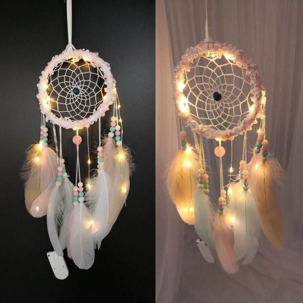 

Pink Girl Heart Colorful Lights Dreamcatcher National Feather Flower Ornaments Lace Ribbons Bedroom Room Decoration Gift Hanging